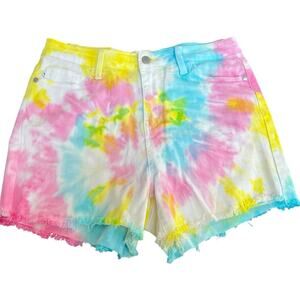 Judy Blue Tie Dye Cut Off Jean Shorts Size M Denim Pink Blue Yellow